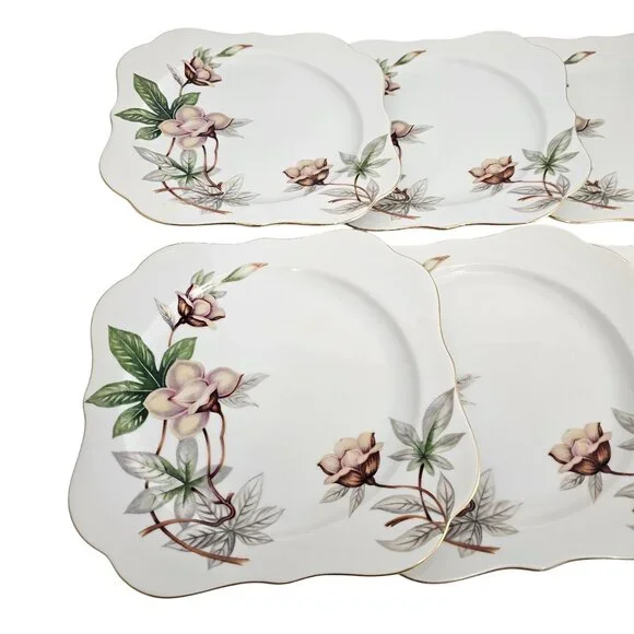 6 Blue Woodrose Square Lunch Plate 7.5" Meito Japan salad gold scalloped edge vt - Picture 5 of 9